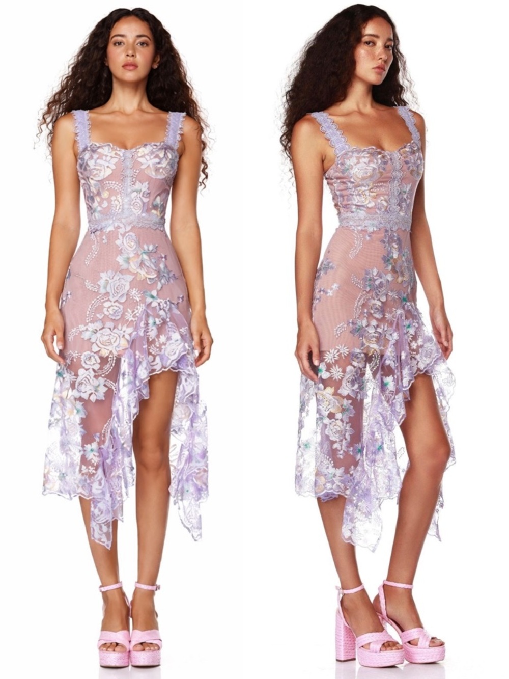 Bronx and Banco NWOT Eva Midi Dress in Lilac Floral Embroidery Size XS US 2